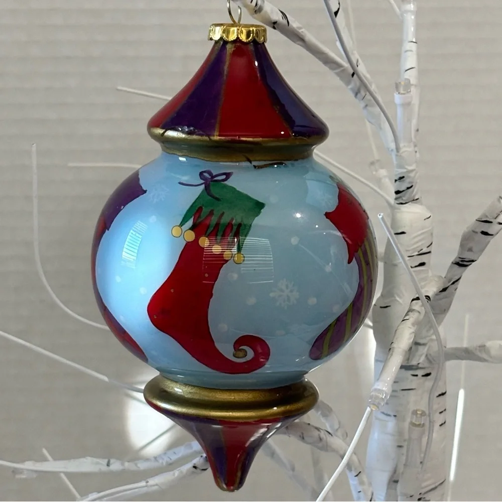 Pier One Li Bien Christmas Glass Ornament Stocking Hanging Hand Painted 2007